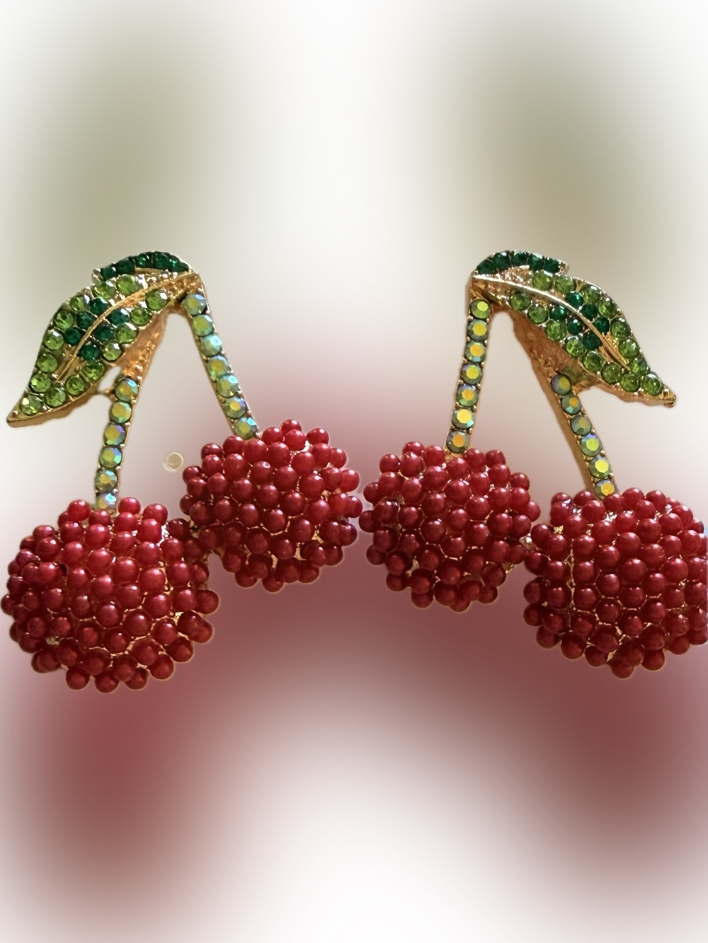 🍒 Red Cherry Cluster Drop Earrings with Green Rhinestone Leaf Accents